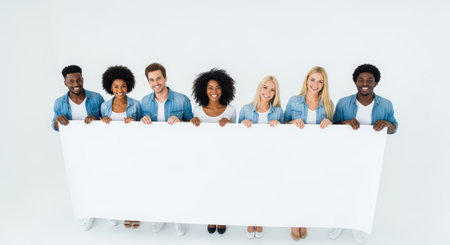 Diverse group of young adults holding blank banner in denim attireの素材