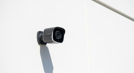 Outdoor security camera mounted on minimalist white wall for surveillanceの素材