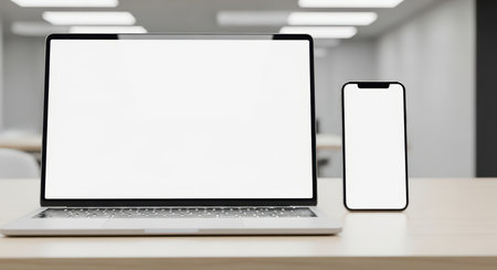 Modern workspace with laptop and smartphone on desk in bright officeの素材