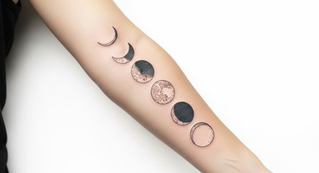Phases of the moon tattoo on forearm of caucasian female adultの素材