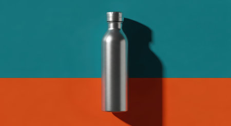 Sleek steel water bottle against vibrant teal and orange backgroundの素材