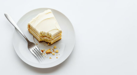 Slice of vanilla cake on white plate with fork on clean backgroundの素材