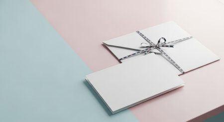 Elegant gift-wrapped envelope on pastel pink and blue backgroundの素材