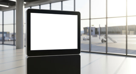 Blank digital display in modern airport terminal with panoramic windowsの素材