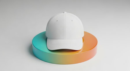 Minimalist white baseball cap on colorful gradient pedestalの素材