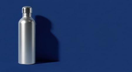 Stainless steel water bottle on dark blue background with shadowの素材