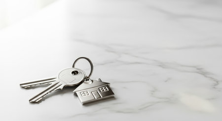 House keyring and keys on marble surfaceの素材