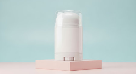 Minimalist white deodorant stick on soft pink pedestal against blue backgroundの素材