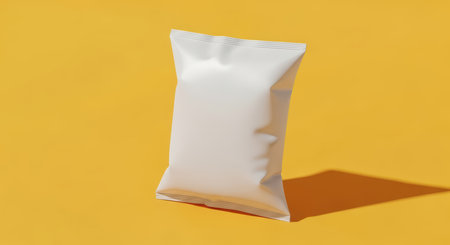 Minimalistic white snack bag on vibrant yellow background with shadowの素材