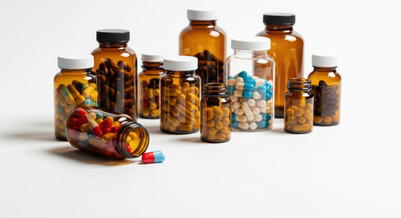 Mixed pill bottles on white background with varied contentsの素材