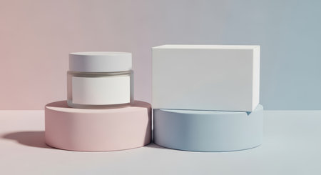 Minimalist skincare product with pastel cylinders and box on displayの素材