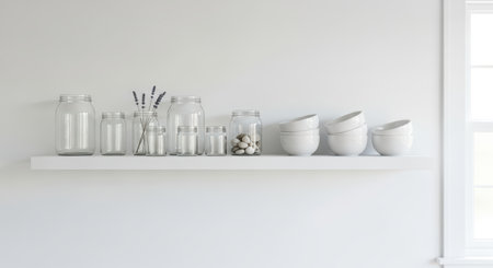 Minimalist kitchen shelf with jars and white bowls against white wallの素材