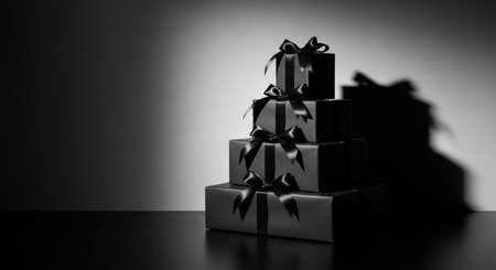 Elegant stack of wrapped gift boxes with black ribbons in dramatic lightingの素材