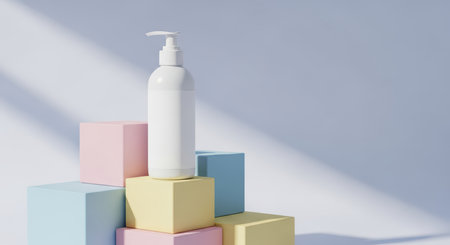 Minimalist lotion bottle on pastel geometric blocksの素材