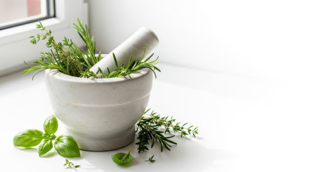 Fresh herbs in white marble mortar and pestle by sunlit windowの素材