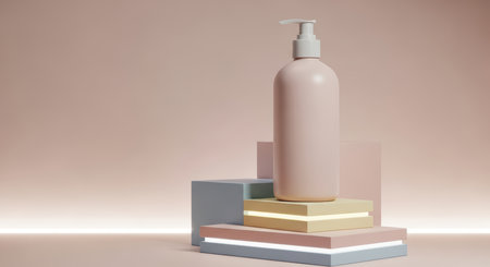 Elegant pink lotion bottle on geometric pastel blocks in minimalist settingの素材