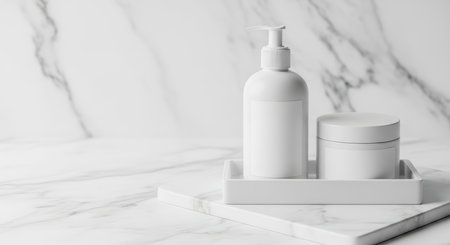 Minimalist white soap and cream bottles on marble bathroom counterの素材