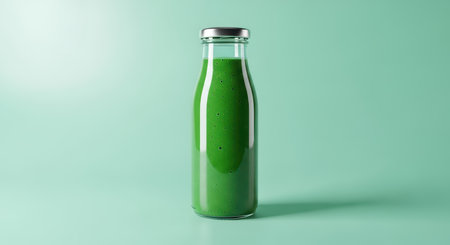 Refreshing green smoothie in glass bottle on minimalist green backgroundの素材