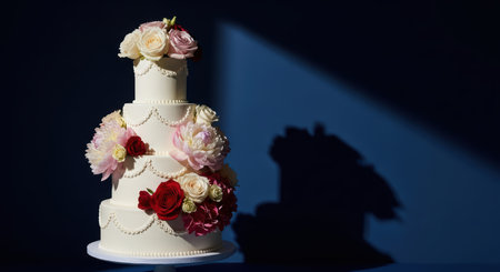 Elegant three-tiered wedding cake with floral decorations in dramatic lightingの素材