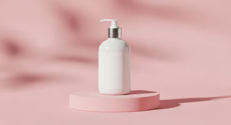 Minimalist white lotion bottle on pink background for skincare and beauty conceptsの素材
