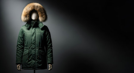 Green winter parka with fur hood on mannequin with dark backgroundの素材
