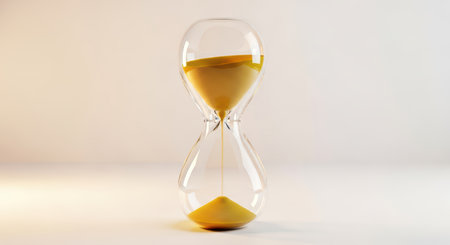 Elegant glass hourglass with flowing golden sand on white backgroundの素材
