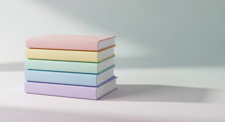 Stack of pastel-colored books on minimalist backgroundの素材