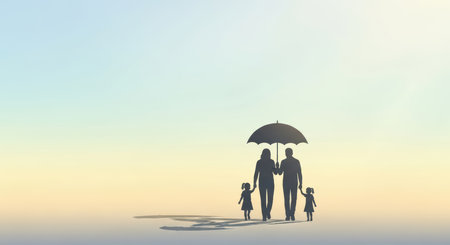 Family silhouette under umbrella at sunsetの素材