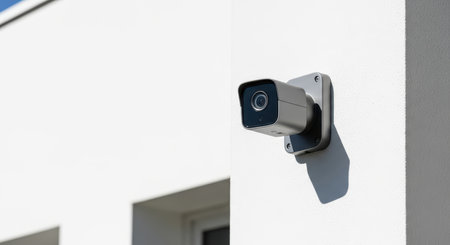 Modern outdoor security camera on white wall of contemporary buildingの素材