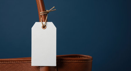 Elegant brown leather bag with blank tag against dark blue backgroundの素材