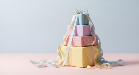 Pastel gift boxes with ribbons on light backgroundの素材