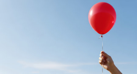 Hand holding red balloon against clear blue skyの素材