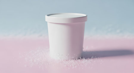 Minimalist ice cream container on pastel background with sugar crystalsの素材