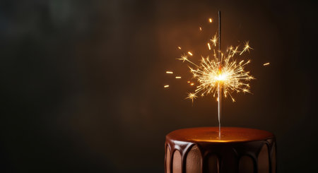 Sparkler on chocolate cake against dark backgroundの素材