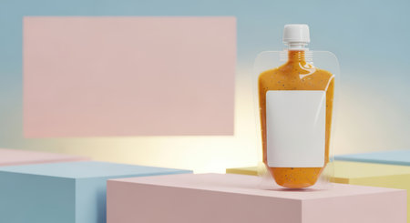 Orange squeeze pouch with blank label on pastel blocksの素材