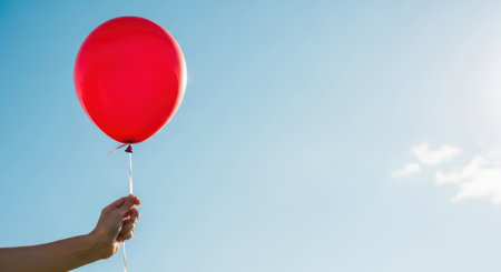 Hand holding red balloon against clear blue skyの素材
