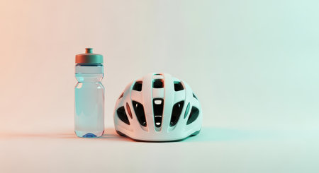 White bicycle helmet and water bottle on gradient backgroundの素材