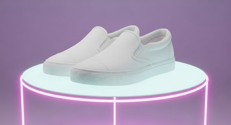 Minimalist white sneakers on neon-lit display platformの素材