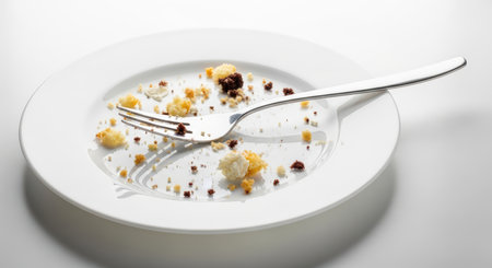 Empty plate with crumbs and fork on white backgroundの素材