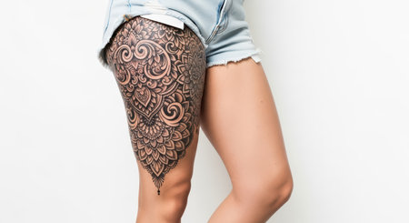Intricate mandala tattoo on femaleâs thigh with denim shortsの素材