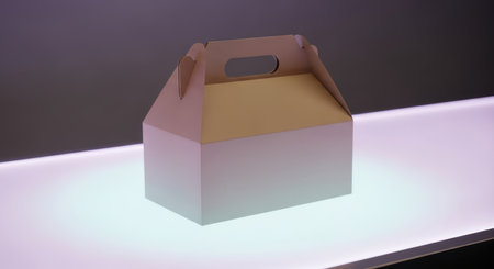 Cardboard box with handle on illuminated surface in studio lightingの素材