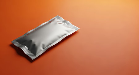 Silver foil snack package on orange backgroundの素材