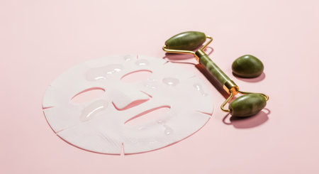 Facial mask and jade roller on pink backgroundの素材