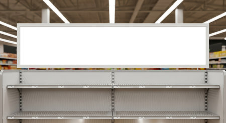 Empty supermarket shelves with blank sign in warehouse store interiorの素材