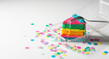 Colorful layered cake with fork and confetti on white backgroundの素材