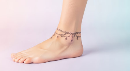 Elegant ankle jewelry tattoo on caucasian female foot with pastel backgroundの素材