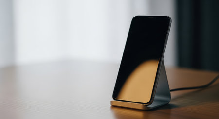 Sleek smartphone on modern wireless charging stand on wooden deskの素材
