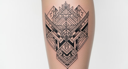 Geometric wolf tattoo on leg showcasing intricate line art and symmetrical designの素材