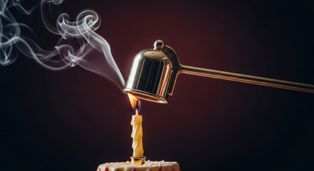 Brass candle snuffer extinguishing flame with rising smoke against dark backgroundの素材