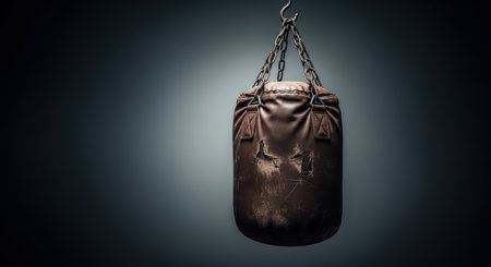 Worn leather punching bag hanging from chains in dimly lit roomの素材